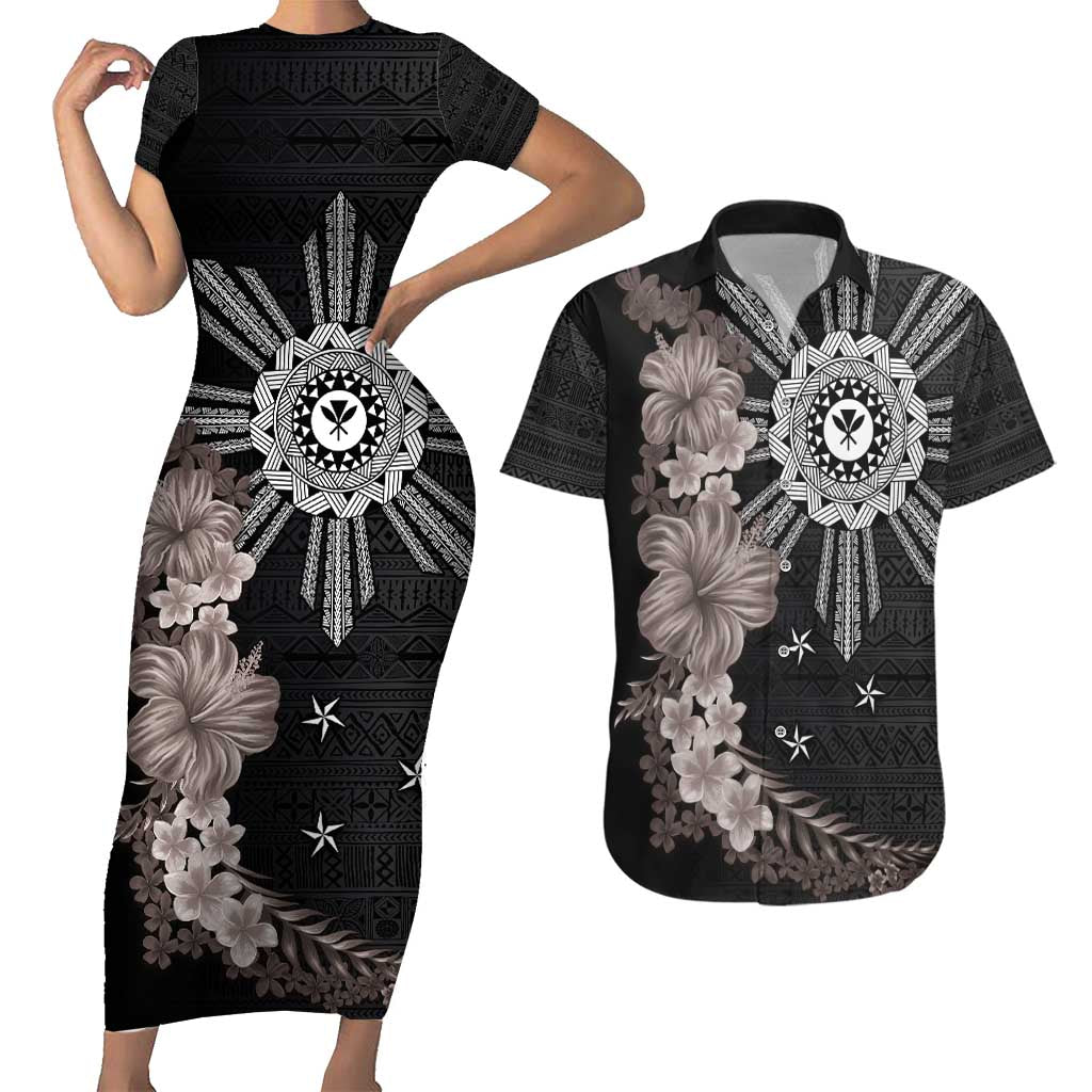 Hawaii and Philippines Together Couples Matching Short Sleeve Bodycon Dress and Hawaiian Shirt Hibiscus Flower and Sun Badge Polynesian Pattern Grayscale LT03 Black - Polynesian Pride
