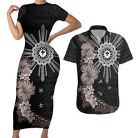 Hawaii and Philippines Together Couples Matching Short Sleeve Bodycon Dress and Hawaiian Shirt Hibiscus Flower and Sun Badge Polynesian Pattern Grayscale LT03 Black - Polynesian Pride