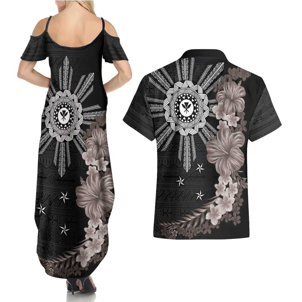Hawaii and Philippines Together Couples Matching Summer Maxi Dress and Hawaiian Shirt Hibiscus Flower and Sun Badge Polynesian Pattern Grayscale