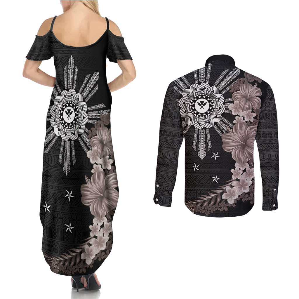 Hawaii and Philippines Together Couples Matching Summer Maxi Dress and Long Sleeve Button Shirt Hibiscus Flower and Sun Badge Polynesian Pattern Grayscale