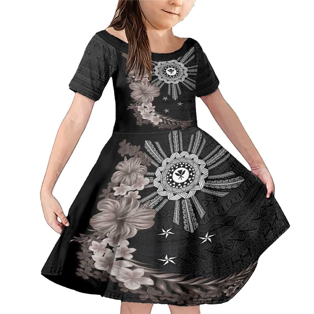 Hawaii and Philippines Together Family Matching Mermaid Dress and Hawaiian Shirt Hibiscus Flower and Sun Badge Polynesian Pattern Grayscale LT03 Daughter's Dress Black - Polynesian Pride