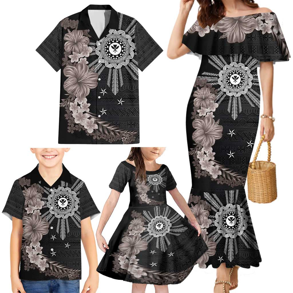 Hawaii and Philippines Together Family Matching Mermaid Dress and Hawaiian Shirt Hibiscus Flower and Sun Badge Polynesian Pattern Grayscale