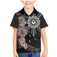 Hawaii and Philippines Together Family Matching Mermaid Dress and Hawaiian Shirt Hibiscus Flower and Sun Badge Polynesian Pattern Grayscale LT03 Son's Shirt Black - Polynesian Pride