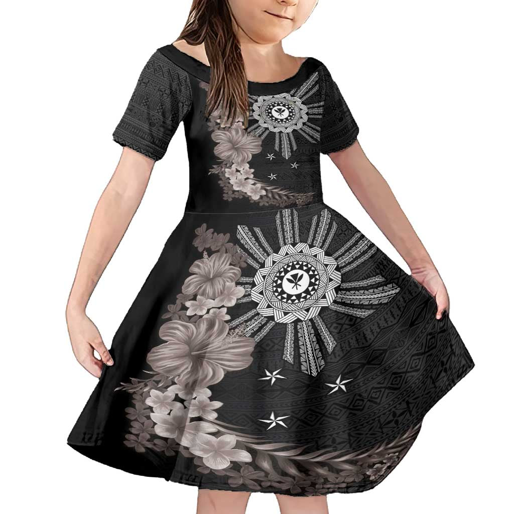 Hawaii and Philippines Together Family Matching Off Shoulder Maxi Dress and Hawaiian Shirt Hibiscus Flower and Sun Badge Polynesian Pattern Grayscale LT03 Daughter's Dress Black - Polynesian Pride
