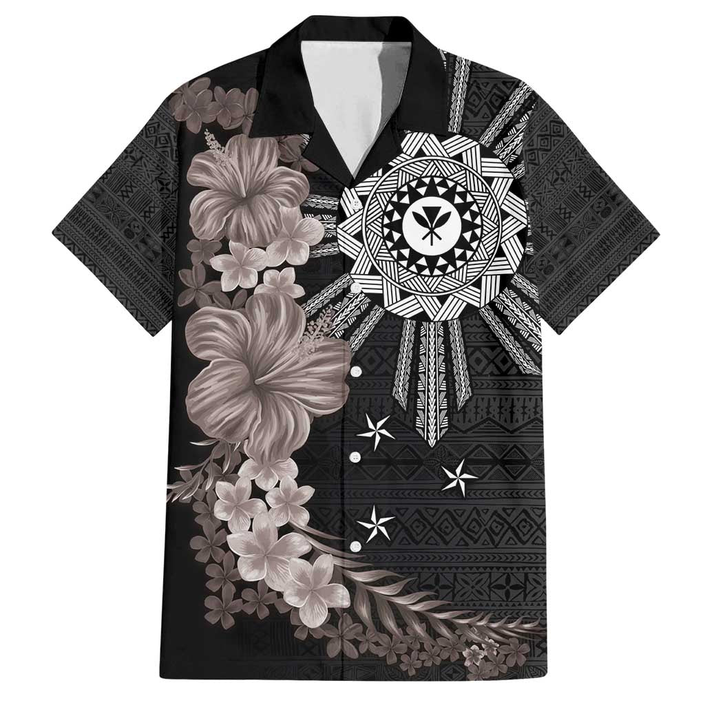Hawaii and Philippines Together Family Matching Off Shoulder Maxi Dress and Hawaiian Shirt Hibiscus Flower and Sun Badge Polynesian Pattern Grayscale LT03 Dad's Shirt - Short Sleeve Black - Polynesian Pride
