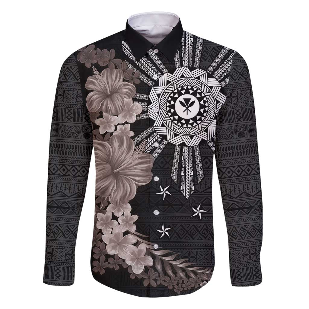 Hawaii and Philippines Together Family Matching Off Shoulder Maxi Dress and Hawaiian Shirt Hibiscus Flower and Sun Badge Polynesian Pattern Grayscale LT03 Dad's Shirt - Long Sleeve Black - Polynesian Pride