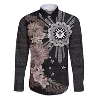 Hawaii and Philippines Together Family Matching Off Shoulder Maxi Dress and Hawaiian Shirt Hibiscus Flower and Sun Badge Polynesian Pattern Grayscale LT03 Dad's Shirt - Long Sleeve Black - Polynesian Pride