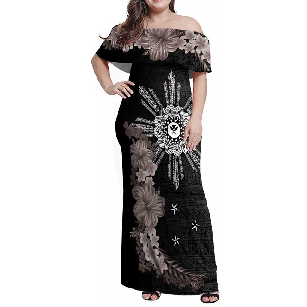 Hawaii and Philippines Together Family Matching Off Shoulder Maxi Dress and Hawaiian Shirt Hibiscus Flower and Sun Badge Polynesian Pattern Grayscale LT03 Mom's Dress Black - Polynesian Pride