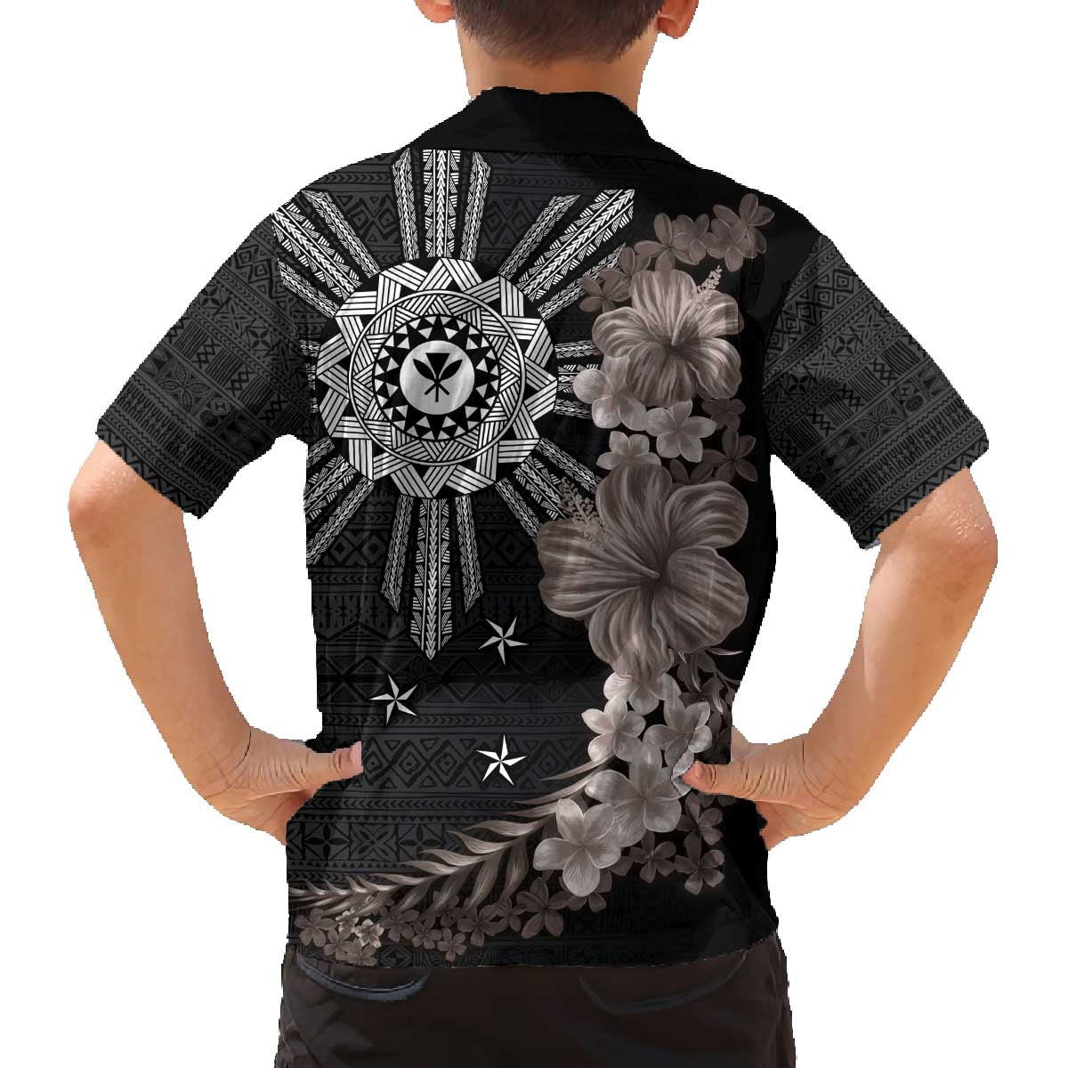 Hawaii and Philippines Together Family Matching Off Shoulder Short Dress and Hawaiian Shirt Hibiscus Flower and Sun Badge Polynesian Pattern Grayscale