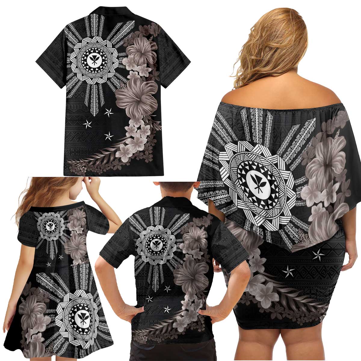 Hawaii and Philippines Together Family Matching Off Shoulder Short Dress and Hawaiian Shirt Hibiscus Flower and Sun Badge Polynesian Pattern Grayscale