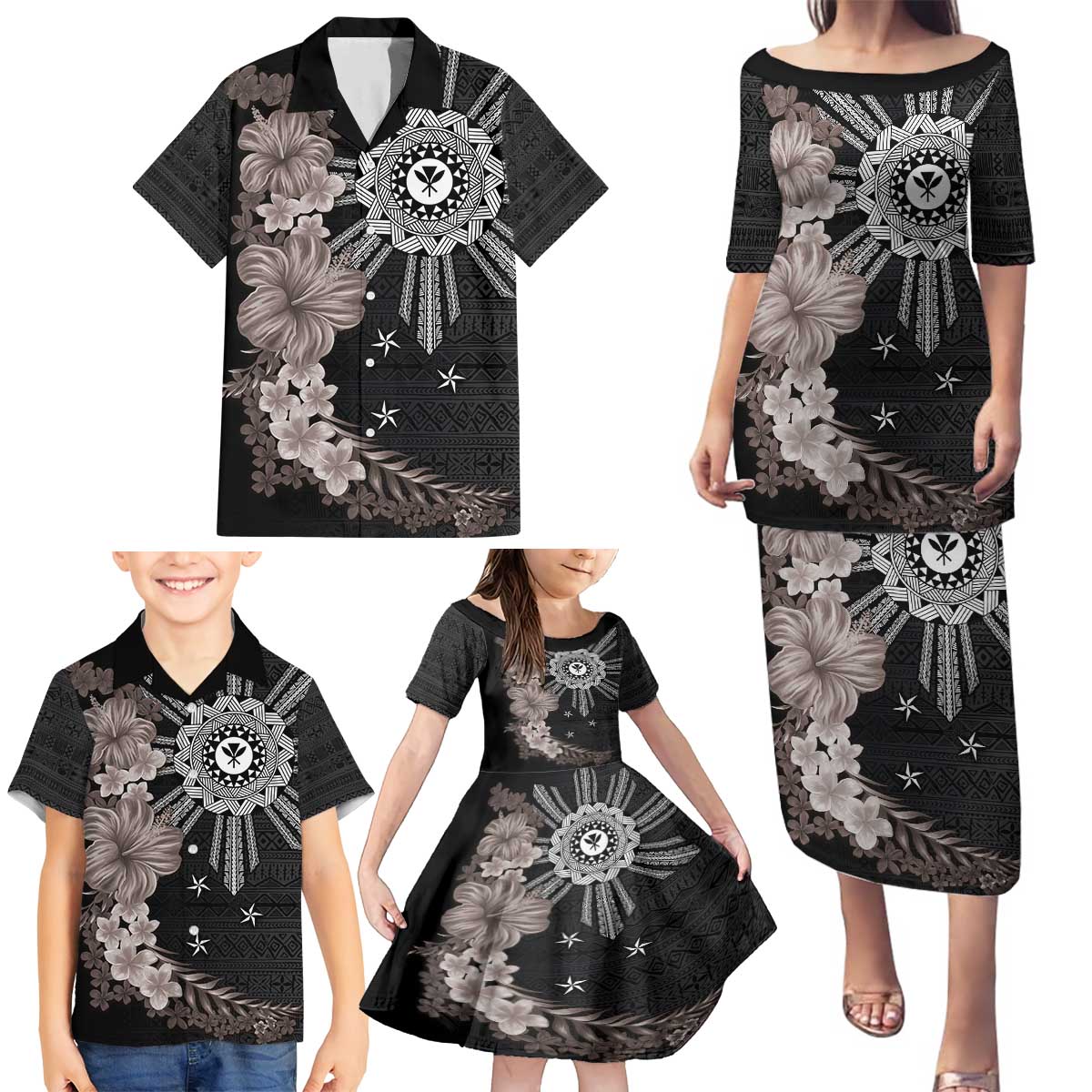 Hawaii and Philippines Together Family Matching Puletasi and Hawaiian Shirt Hibiscus Flower and Sun Badge Polynesian Pattern Grayscale LT03 - Polynesian Pride