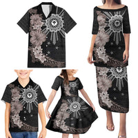 Hawaii and Philippines Together Family Matching Puletasi and Hawaiian Shirt Hibiscus Flower and Sun Badge Polynesian Pattern Grayscale LT03 - Polynesian Pride