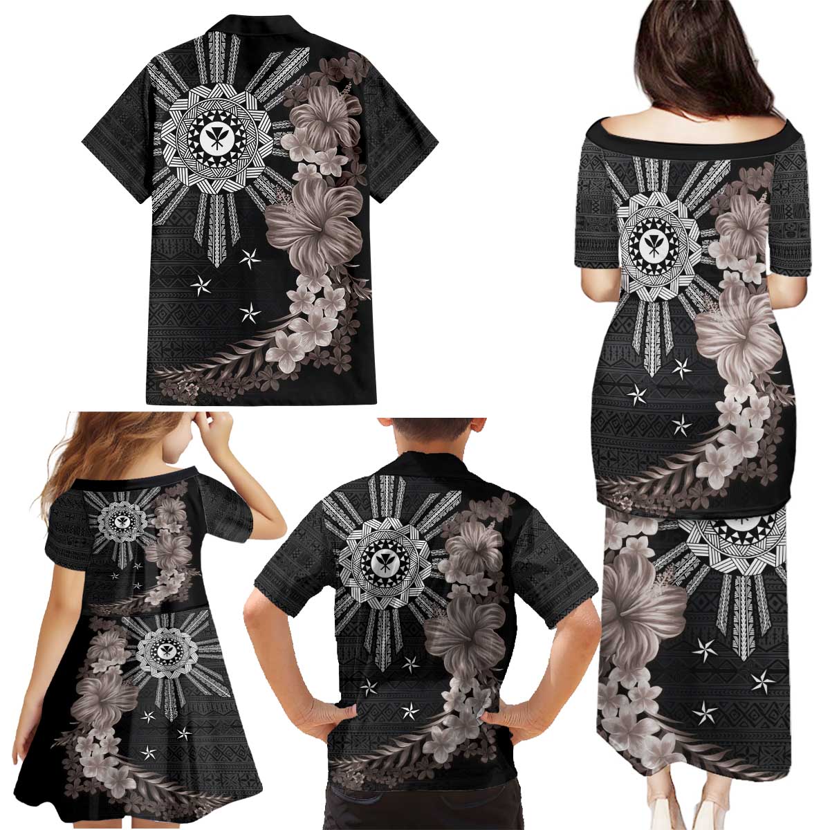 Hawaii and Philippines Together Family Matching Puletasi and Hawaiian Shirt Hibiscus Flower and Sun Badge Polynesian Pattern Grayscale LT03 - Polynesian Pride