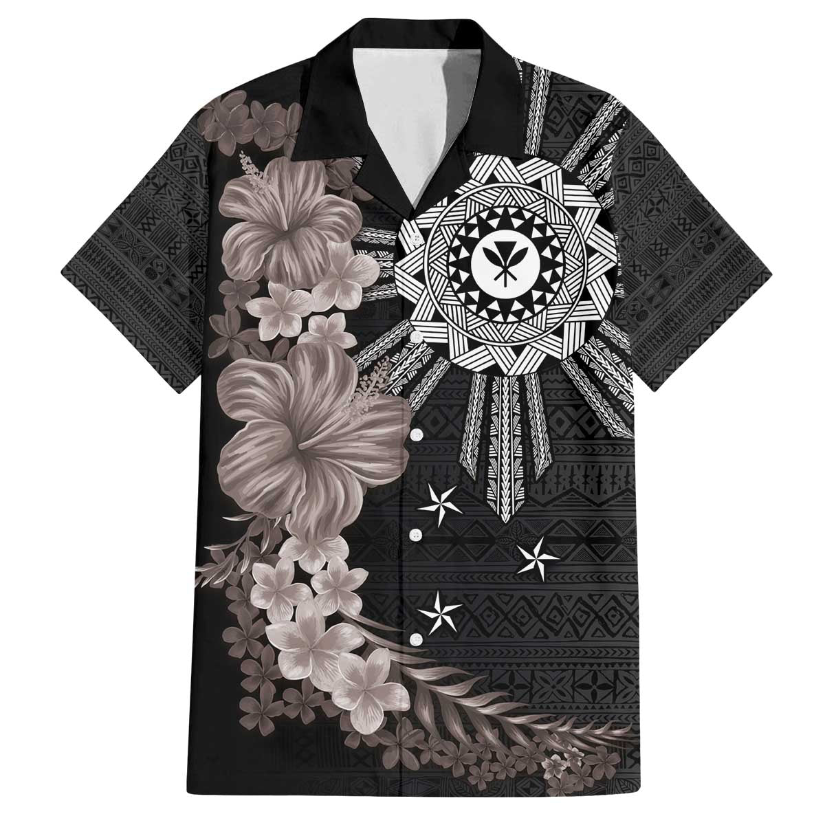 Hawaii and Philippines Together Family Matching Puletasi and Hawaiian Shirt Hibiscus Flower and Sun Badge Polynesian Pattern Grayscale LT03 Dad's Shirt - Short Sleeve Black - Polynesian Pride
