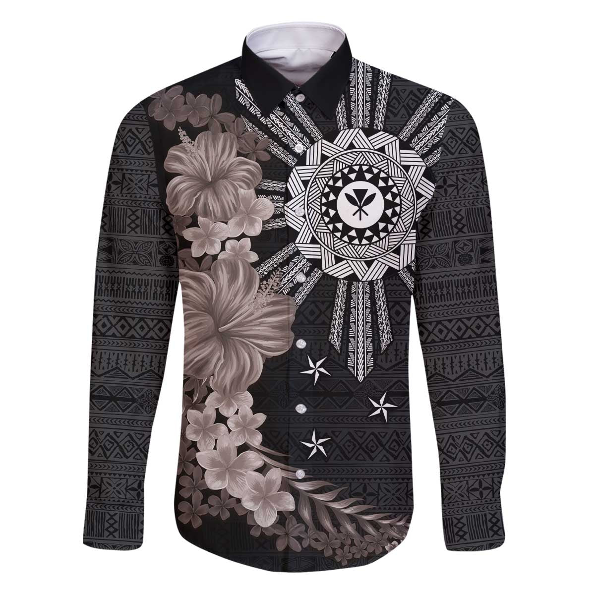 Hawaii and Philippines Together Family Matching Puletasi and Hawaiian Shirt Hibiscus Flower and Sun Badge Polynesian Pattern Grayscale LT03 Dad's Shirt - Long Sleeve Black - Polynesian Pride