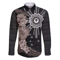 Hawaii and Philippines Together Family Matching Puletasi and Hawaiian Shirt Hibiscus Flower and Sun Badge Polynesian Pattern Grayscale LT03 Dad's Shirt - Long Sleeve Black - Polynesian Pride