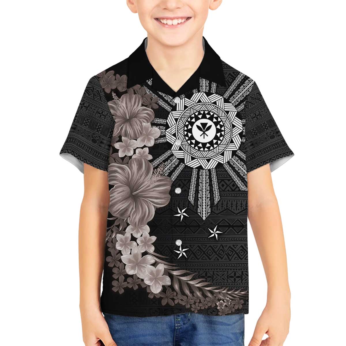 Hawaii and Philippines Together Family Matching Puletasi and Hawaiian Shirt Hibiscus Flower and Sun Badge Polynesian Pattern Grayscale LT03 Son's Shirt Black - Polynesian Pride
