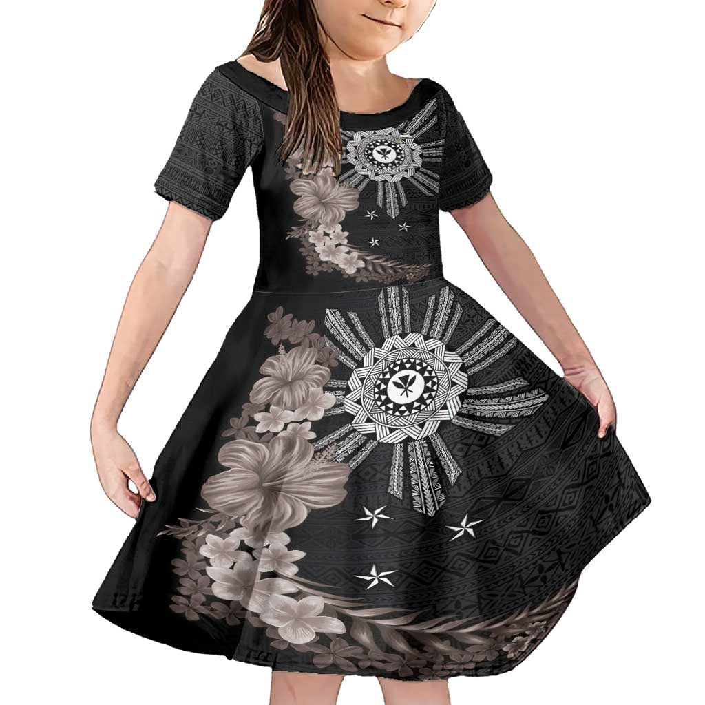 Hawaii and Philippines Together Family Matching Short Sleeve Bodycon Dress and Hawaiian Shirt Hibiscus Flower and Sun Badge Polynesian Pattern Grayscale