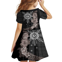 Hawaii and Philippines Together Family Matching Short Sleeve Bodycon Dress and Hawaiian Shirt Hibiscus Flower and Sun Badge Polynesian Pattern Grayscale