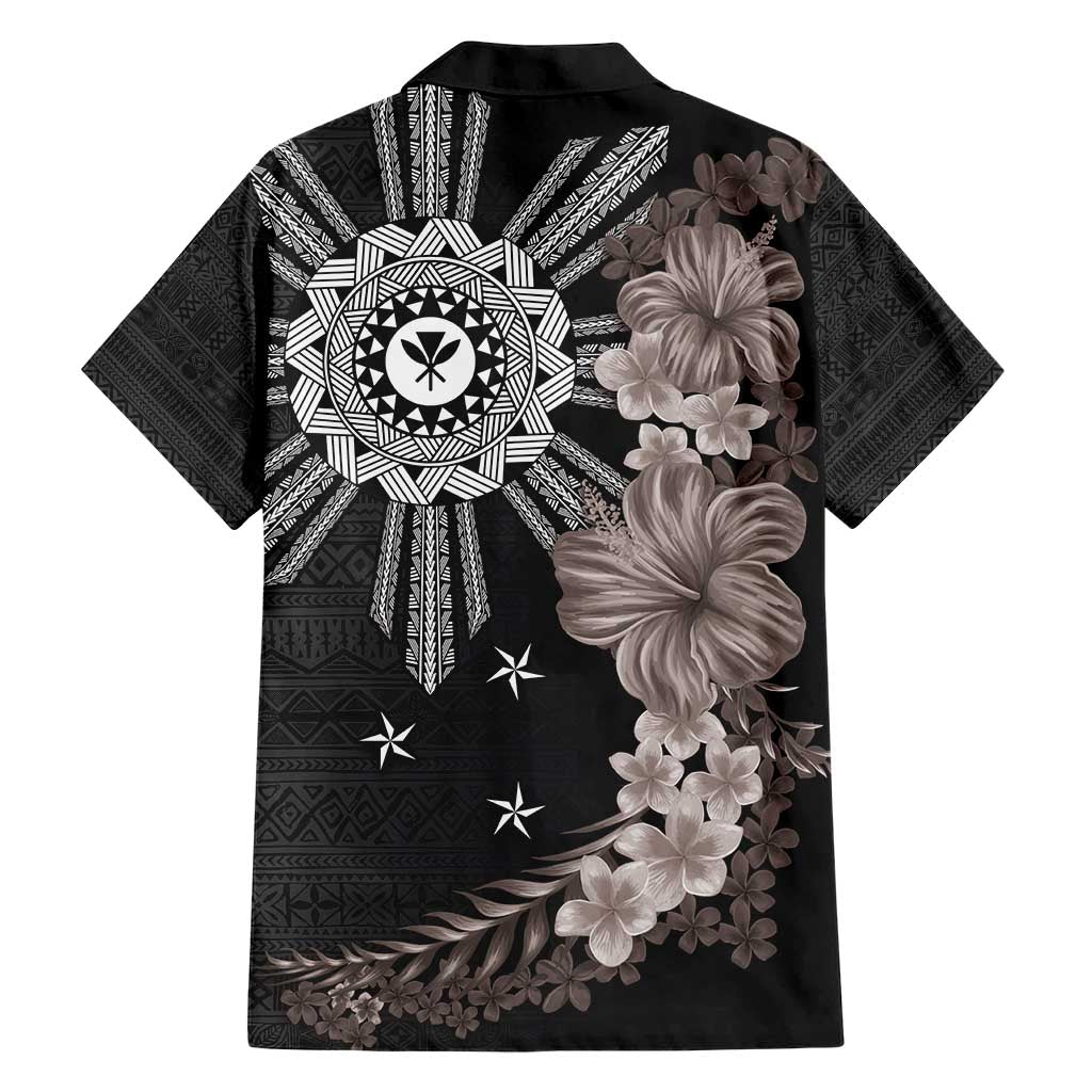 Hawaii and Philippines Together Family Matching Short Sleeve Bodycon Dress and Hawaiian Shirt Hibiscus Flower and Sun Badge Polynesian Pattern Grayscale