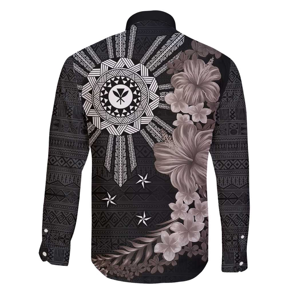 Hawaii and Philippines Together Family Matching Summer Maxi Dress and Hawaiian Shirt Hibiscus Flower and Sun Badge Polynesian Pattern Grayscale