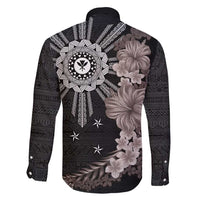 Hawaii and Philippines Together Family Matching Summer Maxi Dress and Hawaiian Shirt Hibiscus Flower and Sun Badge Polynesian Pattern Grayscale