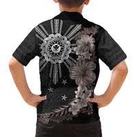 Hawaii and Philippines Together Family Matching Tank Maxi Dress and Hawaiian Shirt Hibiscus Flower and Sun Badge Polynesian Pattern Grayscale