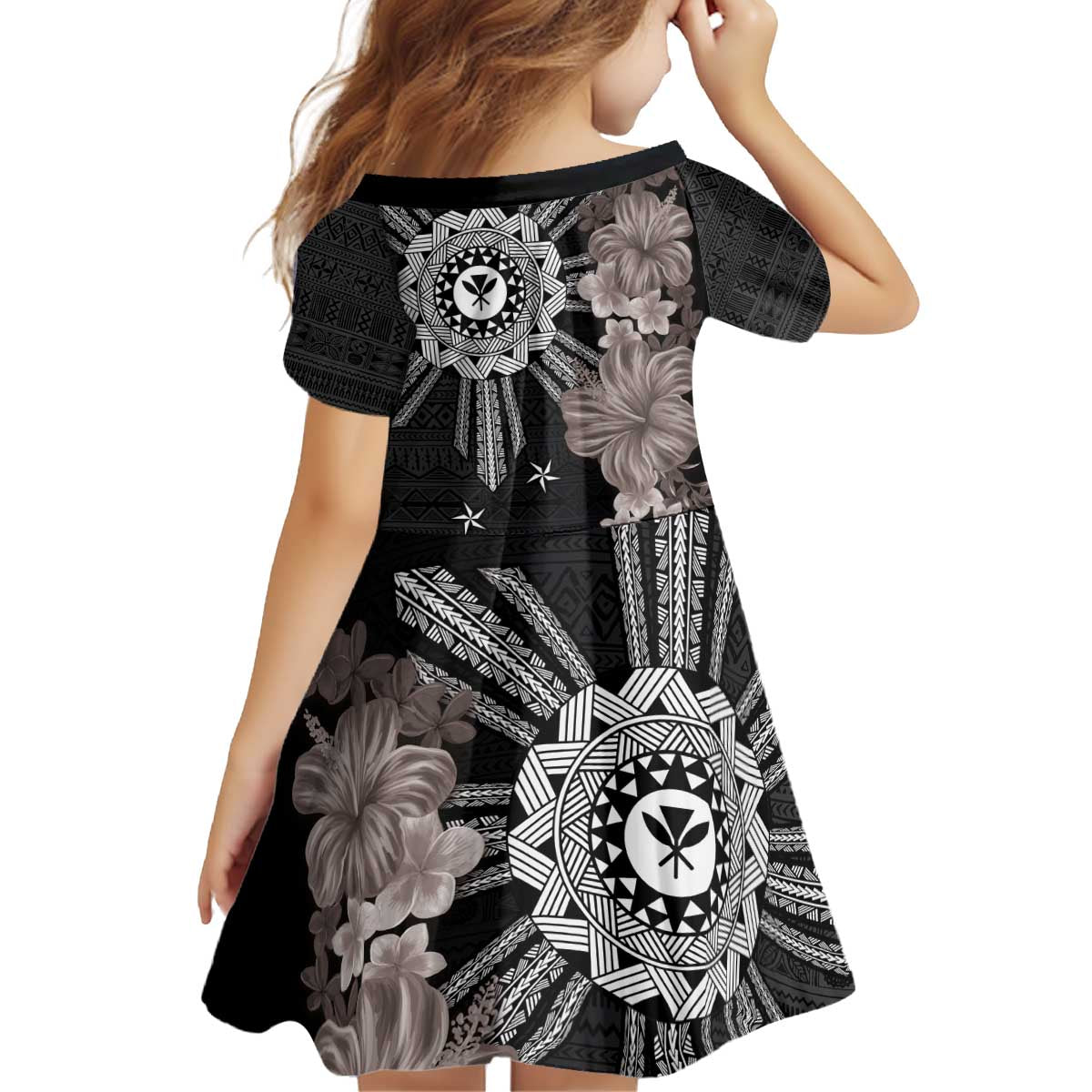 Hawaii and Philippines Together Kid Short Sleeve Dress Hibiscus Flower and Sun Badge Polynesian Pattern Grayscale