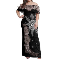 Hawaii and Philippines Together Off Shoulder Maxi Dress Hibiscus Flower and Sun Badge Polynesian Pattern Grayscale LT03 Women Black - Polynesian Pride