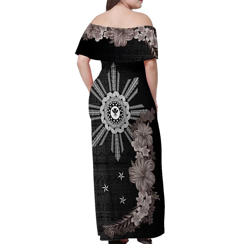 Hawaii and Philippines Together Off Shoulder Maxi Dress Hibiscus Flower and Sun Badge Polynesian Pattern Grayscale LT03 - Polynesian Pride