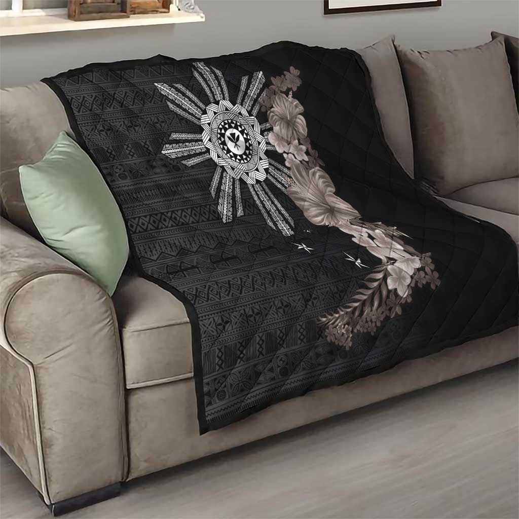 Hawaii and Philippines Together Quilt Hibiscus Flower and Sun Badge Polynesian Pattern Grayscale