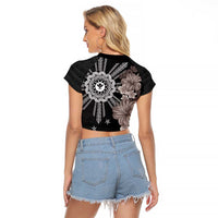 Hawaii and Philippines Together Raglan Cropped T Shirt Hibiscus Flower and Sun Badge Polynesian Pattern Grayscale LT03 - Polynesian Pride