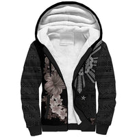 Hawaii and Philippines Together Sherpa Hoodie Hibiscus Flower and Sun Badge Polynesian Pattern Grayscale LT03 Unisex Black - Polynesian Pride