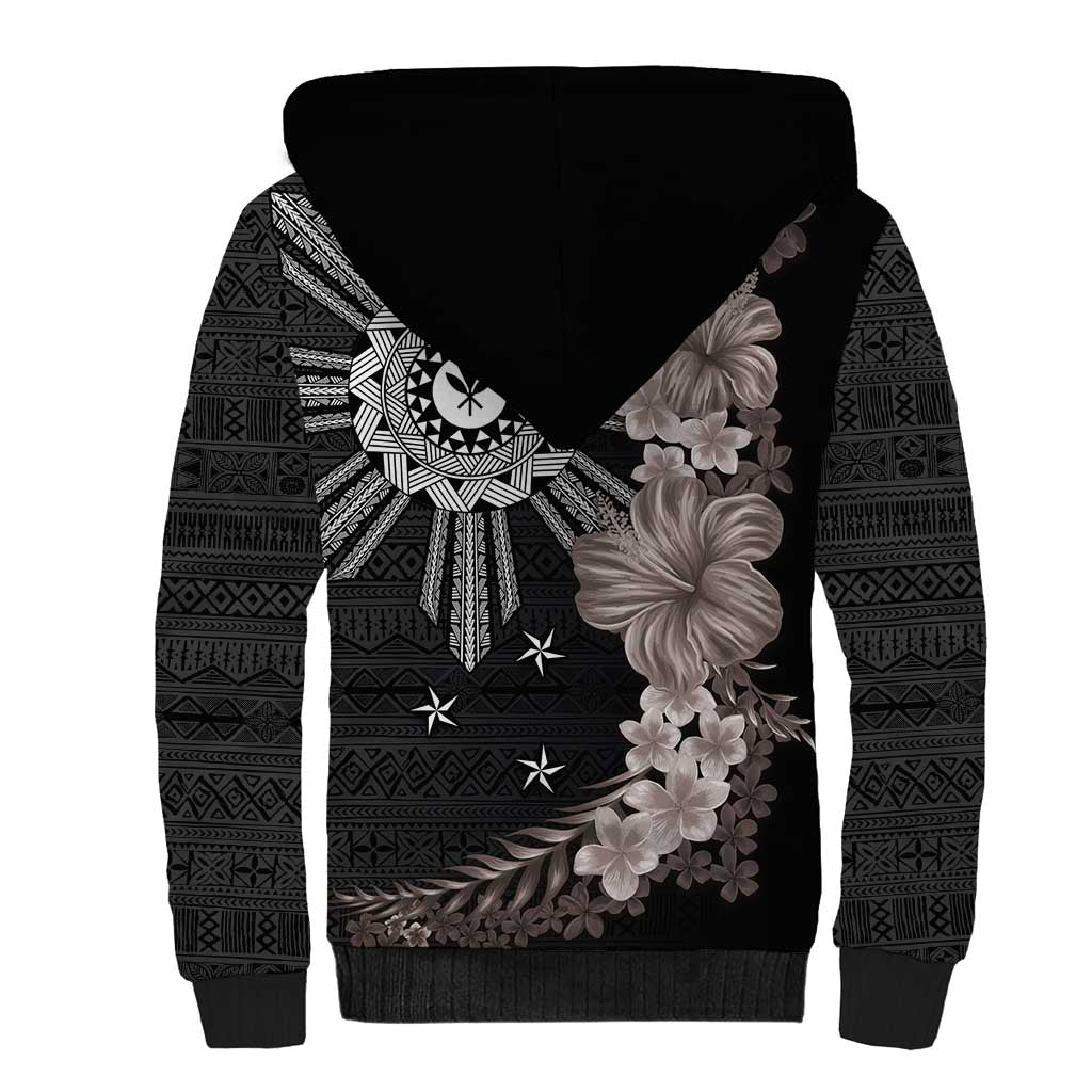 Hawaii and Philippines Together Sherpa Hoodie Hibiscus Flower and Sun Badge Polynesian Pattern Grayscale LT03 - Polynesian Pride