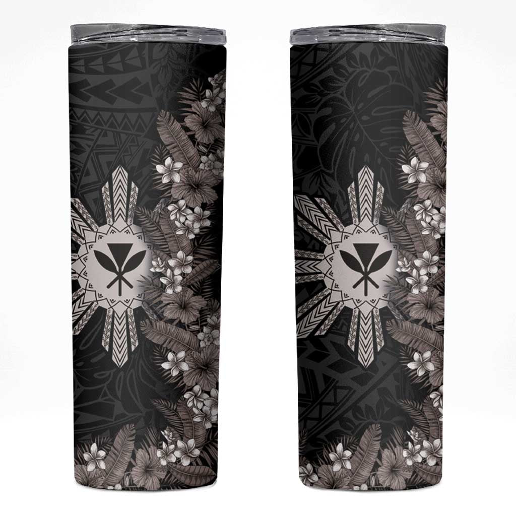 Hawaii and Philippines Together Skinny Tumbler Hibiscus Flower and Sun Badge Polynesian Pattern Grayscale LT03 Black - Polynesian Pride