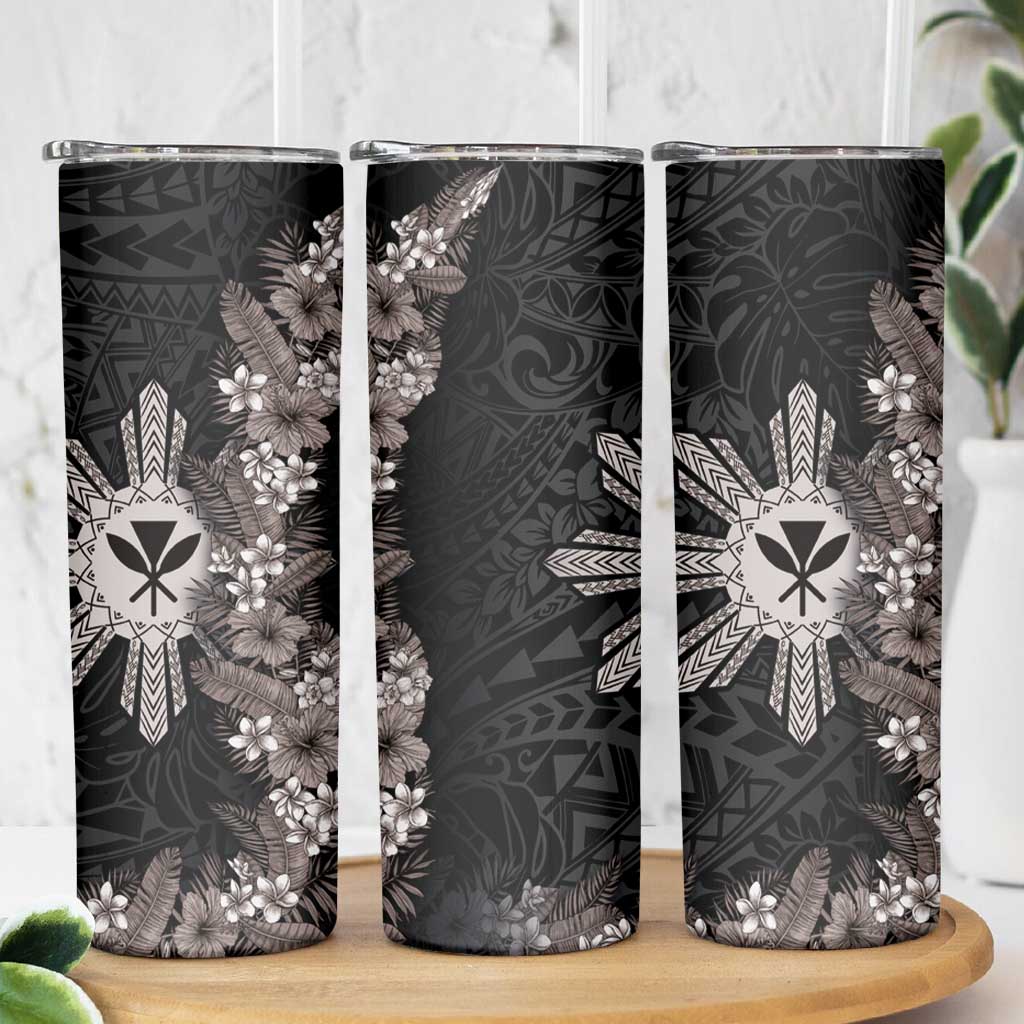 Hawaii and Philippines Together Skinny Tumbler Hibiscus Flower and Sun Badge Polynesian Pattern Grayscale LT03 - Polynesian Pride