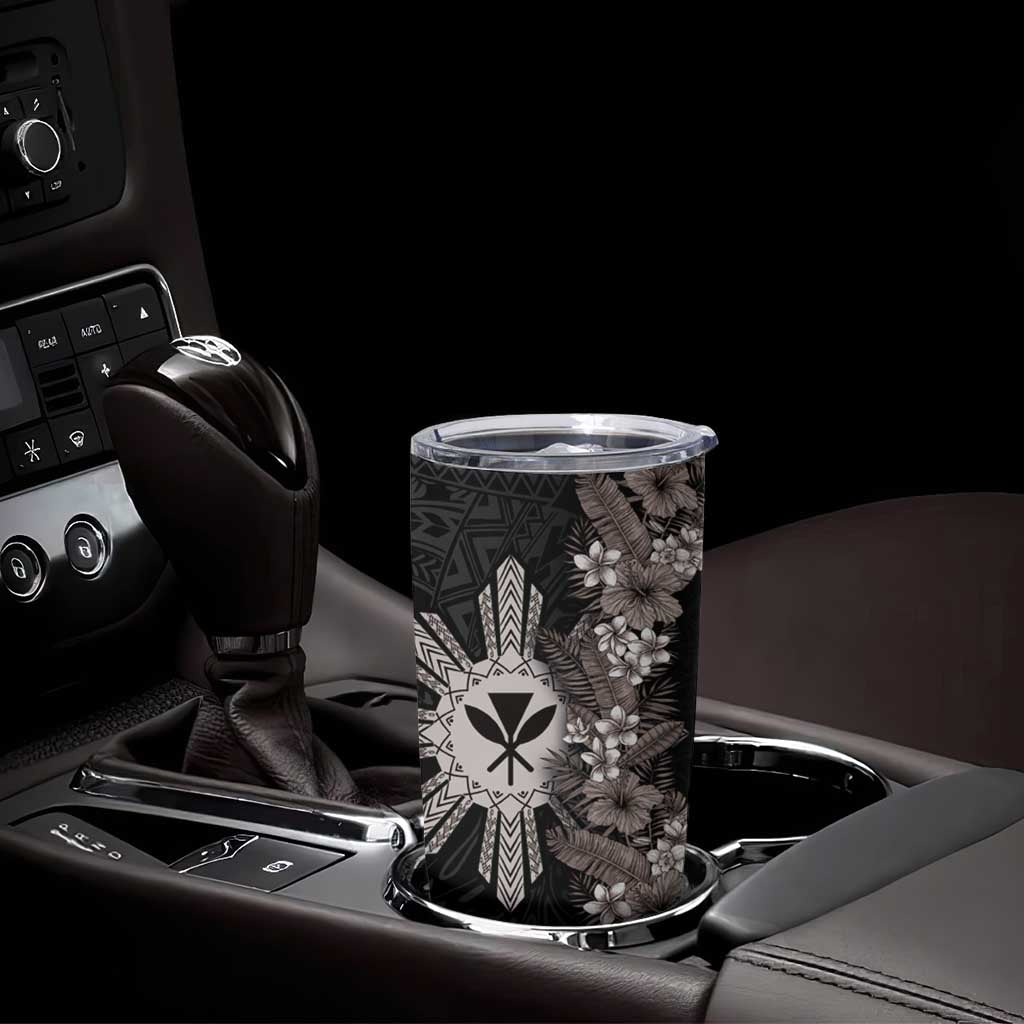 Hawaii and Philippines Together Tumbler Cup Hibiscus Flower and Sun Badge Polynesian Pattern Grayscale