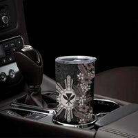 Hawaii and Philippines Together Tumbler Cup Hibiscus Flower and Sun Badge Polynesian Pattern Grayscale