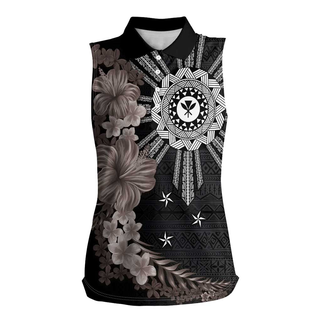 Hawaii and Philippines Together Women Sleeveless Polo Shirt Hibiscus Flower and Sun Badge Polynesian Pattern Grayscale LT03 Female Black - Polynesian Pride