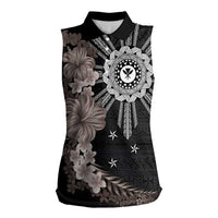 Hawaii and Philippines Together Women Sleeveless Polo Shirt Hibiscus Flower and Sun Badge Polynesian Pattern Grayscale LT03 Female Black - Polynesian Pride