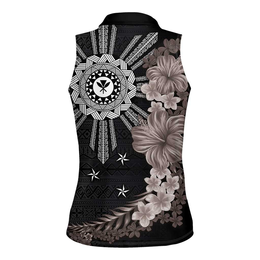 Hawaii and Philippines Together Women Sleeveless Polo Shirt Hibiscus Flower and Sun Badge Polynesian Pattern Grayscale LT03 - Polynesian Pride