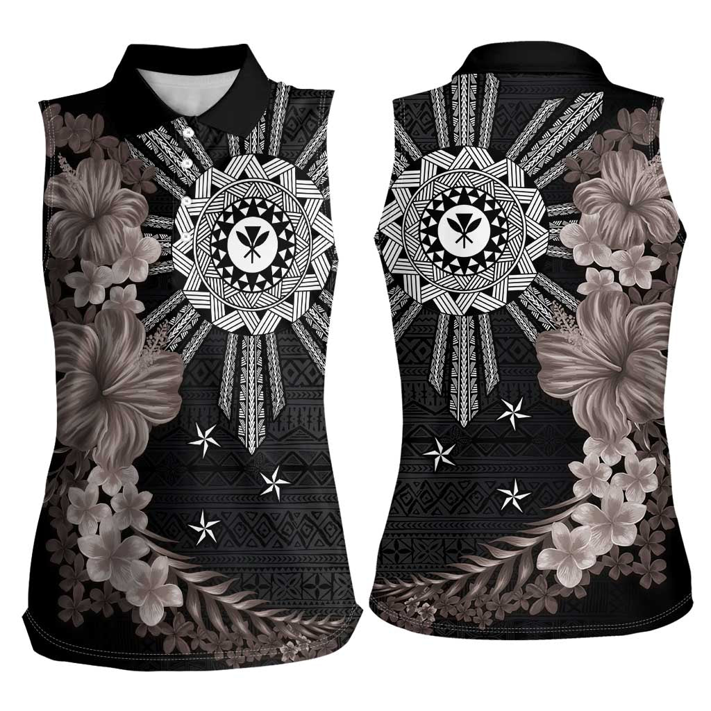 Hawaii and Philippines Together Women Sleeveless Polo Shirt Hibiscus Flower and Sun Badge Polynesian Pattern Grayscale LT03 - Polynesian Pride