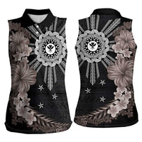 Hawaii and Philippines Together Women Sleeveless Polo Shirt Hibiscus Flower and Sun Badge Polynesian Pattern Grayscale LT03 - Polynesian Pride