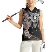 Hawaii and Philippines Together Women Sleeveless Polo Shirt Hibiscus Flower and Sun Badge Polynesian Pattern Grayscale LT03 - Polynesian Pride