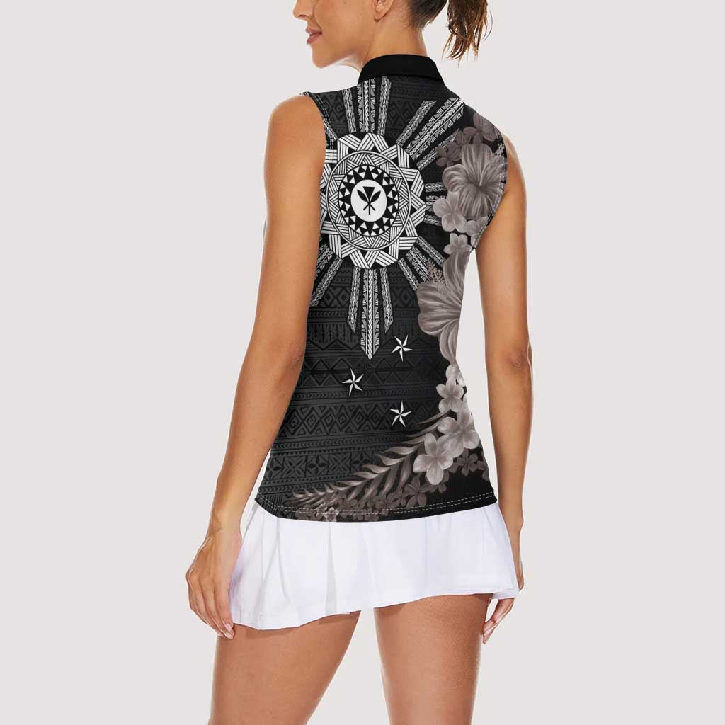 Hawaii and Philippines Together Women Sleeveless Polo Shirt Hibiscus Flower and Sun Badge Polynesian Pattern Grayscale LT03 - Polynesian Pride