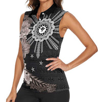 Hawaii and Philippines Together Women Sleeveless Polo Shirt Hibiscus Flower and Sun Badge Polynesian Pattern Grayscale LT03 - Polynesian Pride