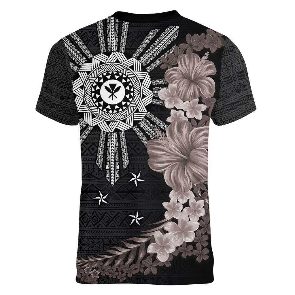 Hawaii and Philippines Together Women V-Neck T-Shirt Hibiscus Flower and Sun Badge Polynesian Pattern Grayscale LT03 - Polynesian Pride