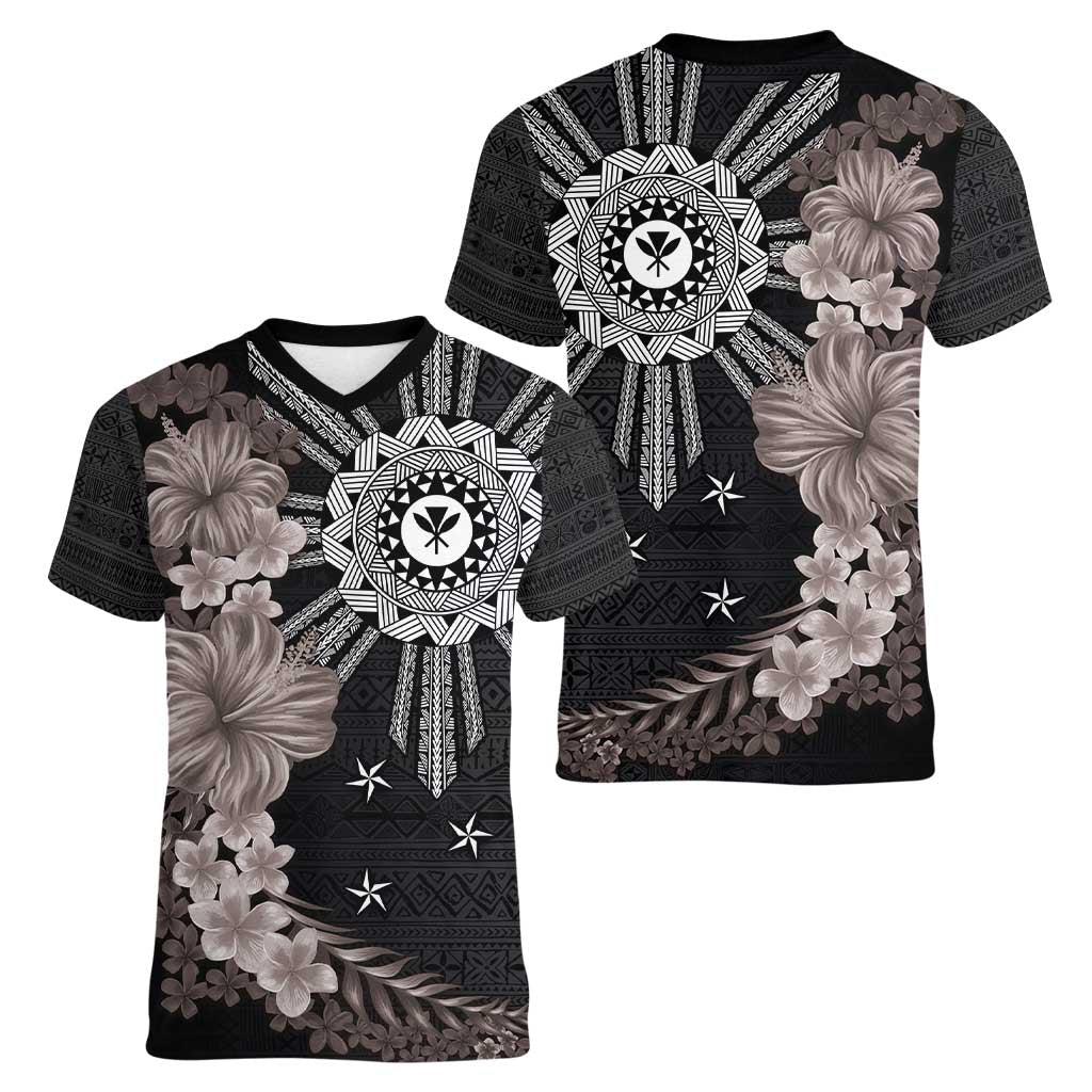 Hawaii and Philippines Together Women V-Neck T-Shirt Hibiscus Flower and Sun Badge Polynesian Pattern Grayscale LT03 - Polynesian Pride