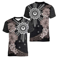 Hawaii and Philippines Together Women V-Neck T-Shirt Hibiscus Flower and Sun Badge Polynesian Pattern Grayscale LT03 - Polynesian Pride