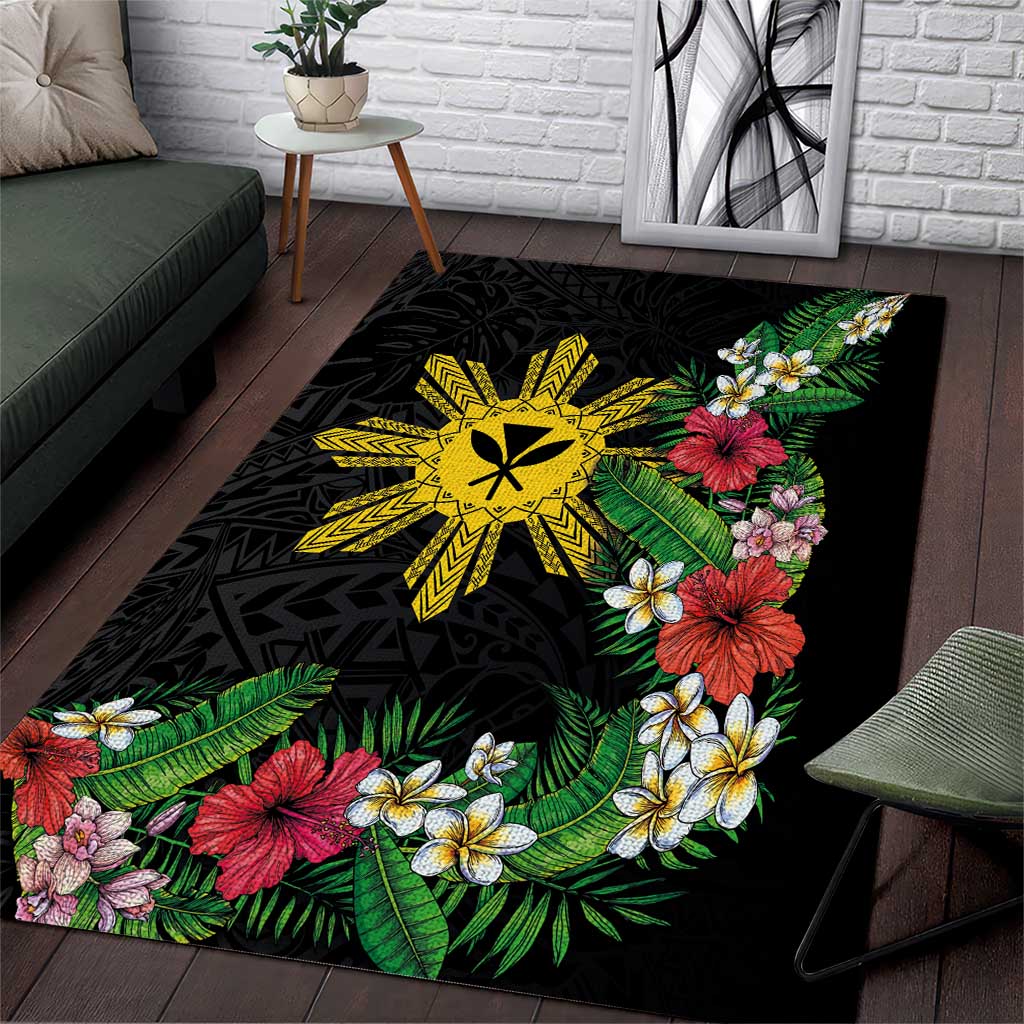 Tropical Hawaii and Philippines Area Rug Kanaka Maoli and Sun Badge Batok Tattoo Colorful LT03 Black - Polynesian Pride